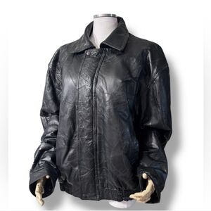 JUNCTION WEST Black Patchwork Leather Bomber Jacket VINTAGE